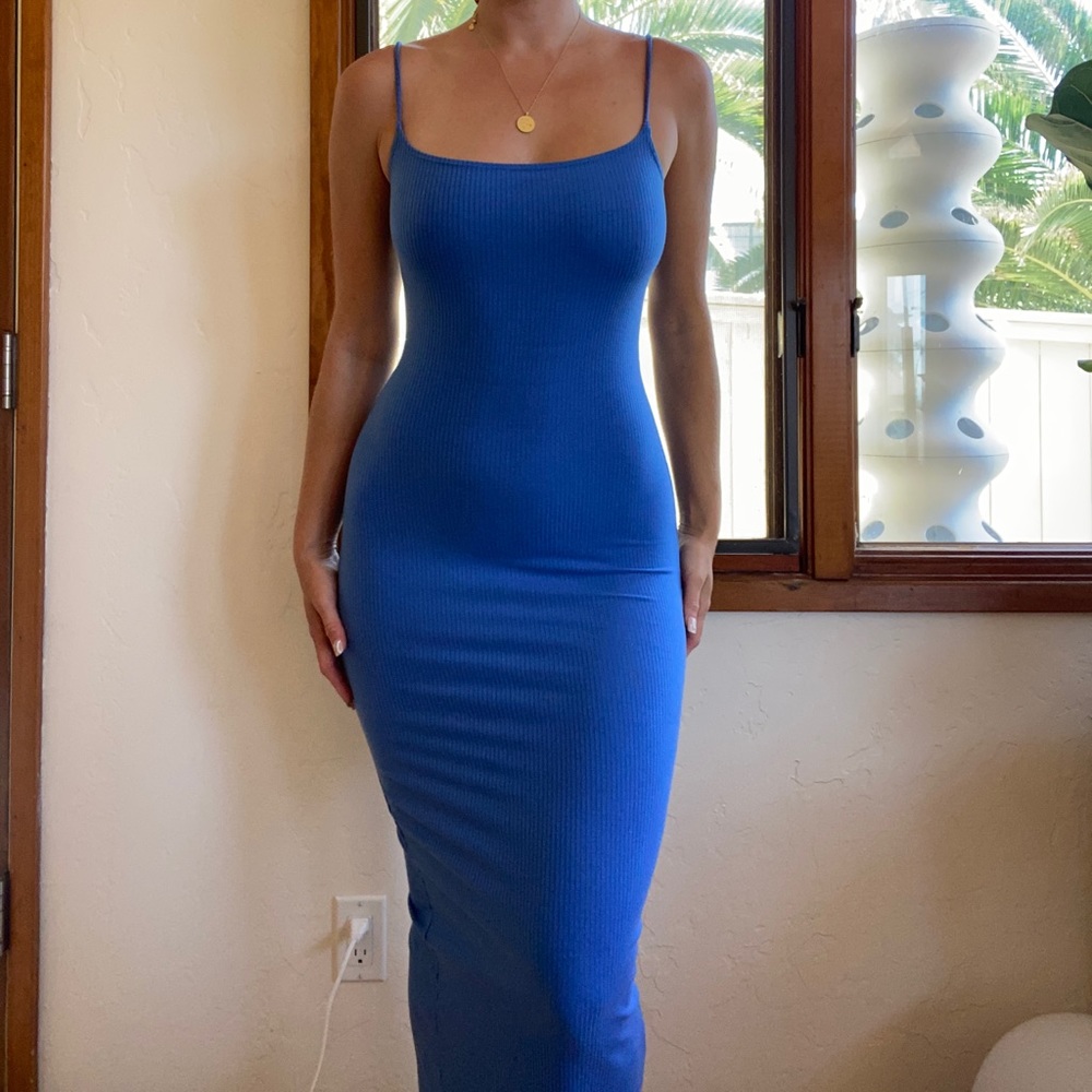 reformation cobalt bodycon midi dress small slit back square neck knit dress